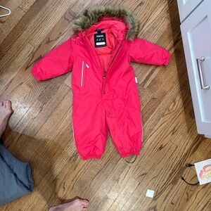 Reima Kids Red Hooded Snowsuit with Faux Fur 12-18 mo